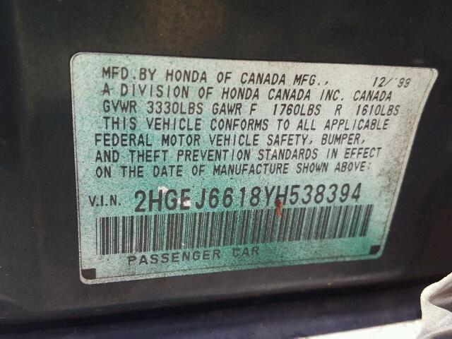 2HGEJ6618YH538394 - 2000 HONDA CIVIC BASE GREEN photo 10