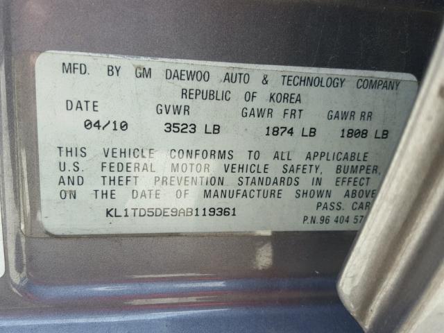 KL1TD5DE9AB119361 - 2010 CHEVROLET AVEO LS SILVER photo 10