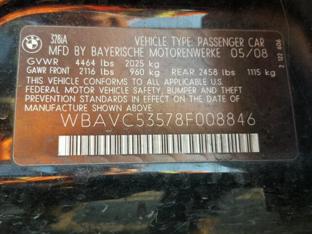 WBAVC53578F008846 - 2008 BMW 328 I SULE BLACK photo 10