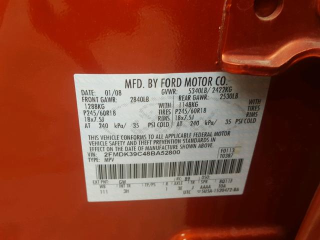 2FMDK39C48BA52800 - 2008 FORD EDGE LIMIT ORANGE photo 10