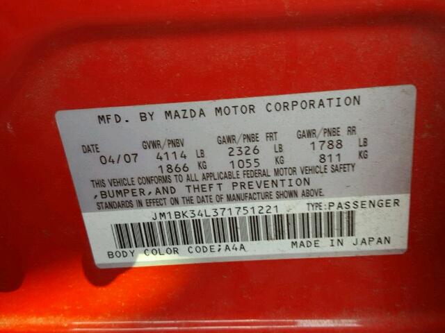 JM1BK34L371751221 - 2007 MAZDA SPEED 3 RED photo 10
