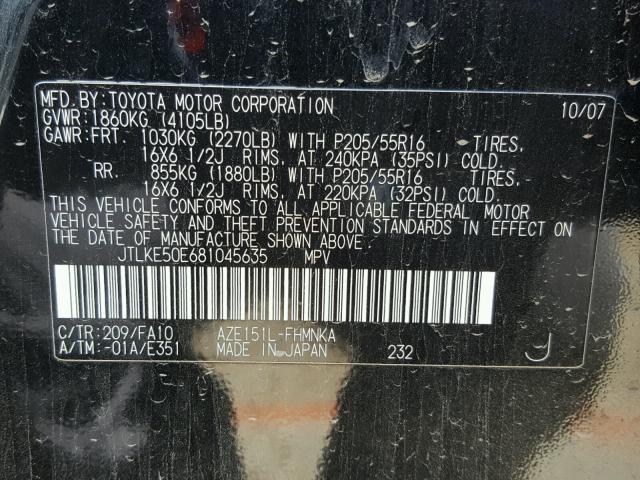 JTLKE50E681045635 - 2008 TOYOTA SCION XB Qara foto 10