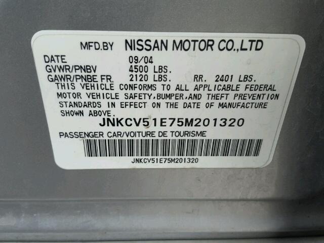 JNKCV51E75M201320 - 2005 INFINITI G35 SILVER photo 10