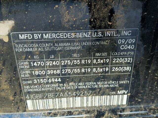 4JGBF7BE7AA549257 - 2010 MERCEDES-BENZ GL450 4 MA BLACK photo 10