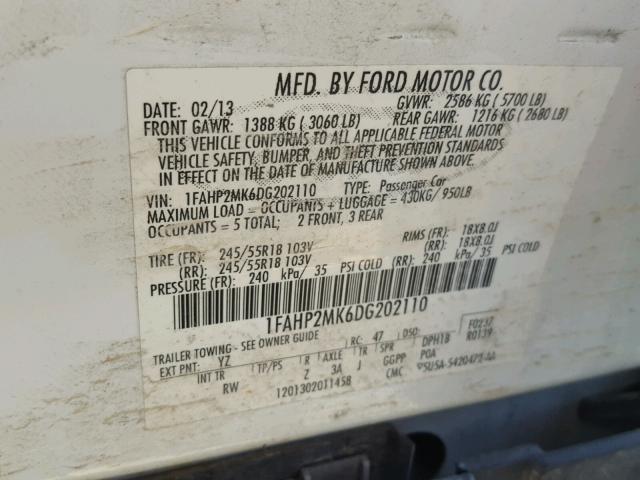 1FAHP2MK6DG202110 - 2013 FORD TAURUS POL WHITE photo 10