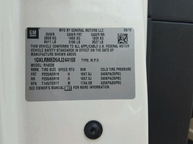 1GKLRMED9AJ244168 - 2010 GMC ACADIA SLT თეთრი ფოტო 10