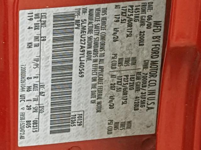 5LMEU27A9YLJ40569 - 2000 LINCOLN NAVIGATOR 红色 照片 10