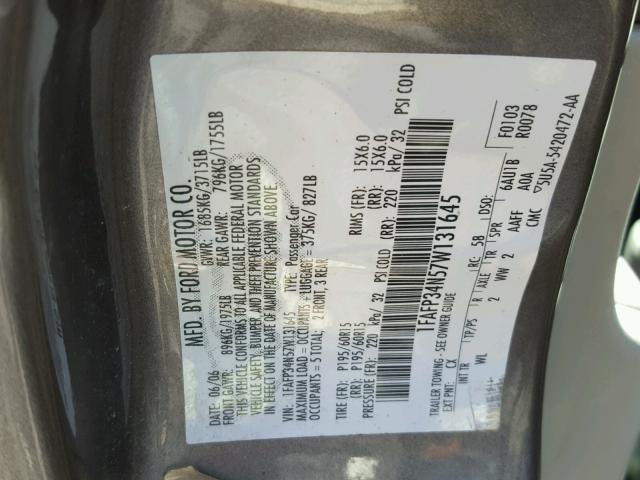 1FAFP34N57W131645 - 2007 FORD FOCUS ZX4 GRAY photo 10