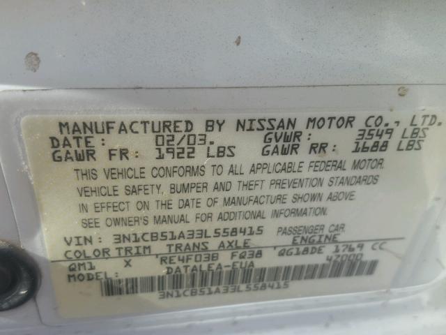 3N1CB51A33L558415 - 2003 NISSAN SENTRA GXE WHITE photo 10