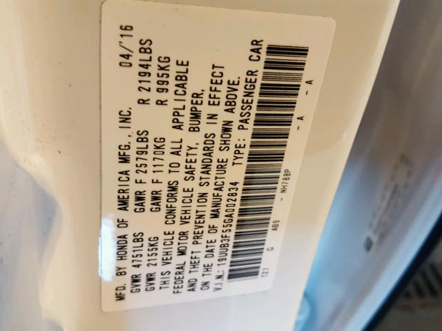 19UUB3F55GA002834 - 2016 ACURA TLX TECH WHITE photo 10