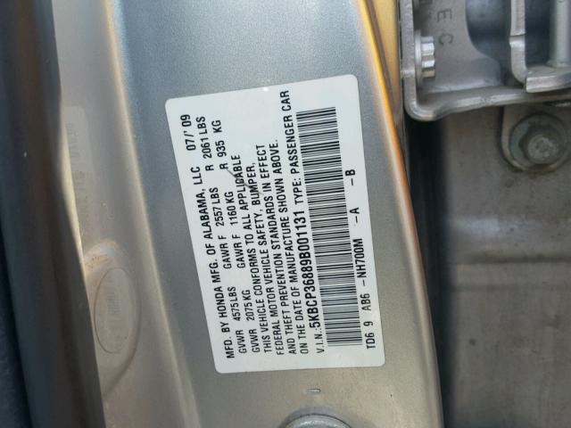 5KBCP36889B001131 - 2009 HONDA ACCORD EXL SILVER photo 10