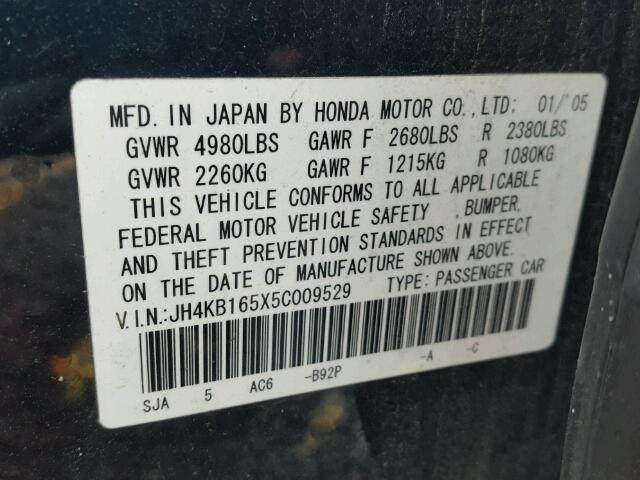 JH4KB165X5C009529 - 2005 ACURA RL შავი ფოტო 10