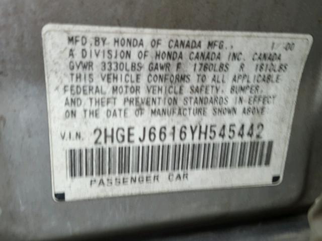 2HGEJ6616YH545442 - 2000 HONDA CIVIC BASE SILVER photo 10