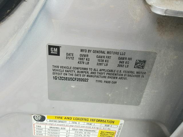 1G1ZC5EU5CF269922 - 2012 CHEVROLET MALIBU 1LT 银色 照片 10