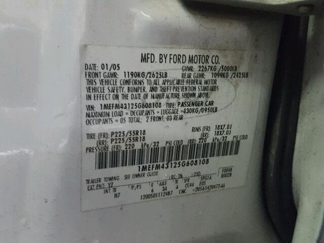 1MEFM43125G608108 - 2005 MERCURY MONTEGO PR 白色 照片 10