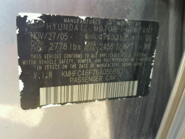 KMHFC46F76A055550 - 2006 HYUNDAI AZERA SE GRAY photo 10