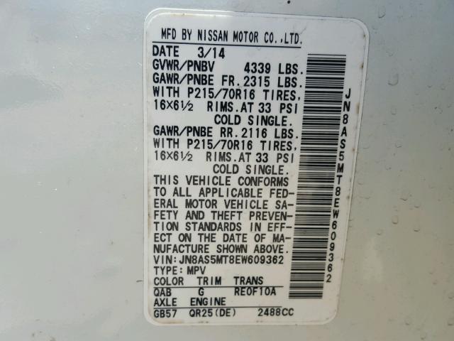 JN8AS5MT8EW609362 - 2014 NISSAN ROGUE SELE WHITE photo 10