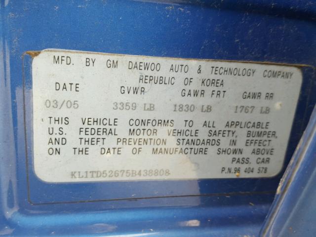 KL1TD52675B438808 - 2005 CHEVROLET AVEO BASE Bleu photo 10