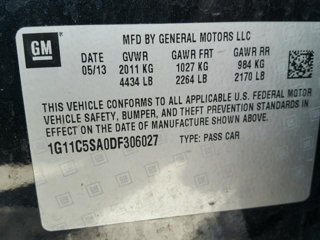 1G11C5SA0DF306027 - 2013 CHEVROLET MALIBU 1LT შავი ფოტო 10