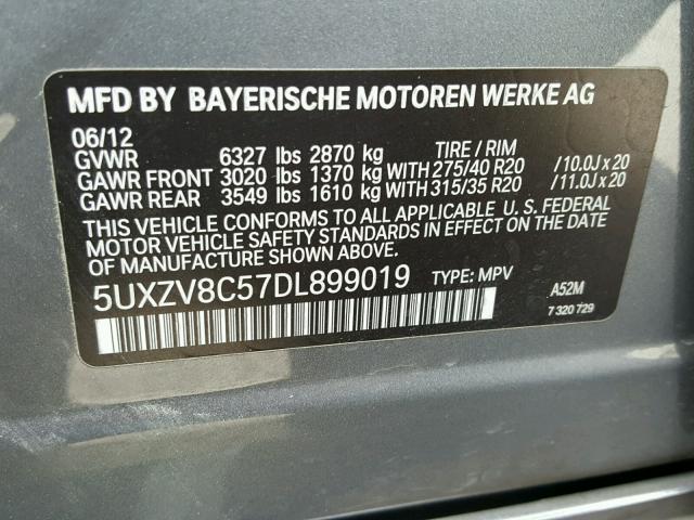 5UXZV8C57DL899019 - 2013 BMW X5 XDRIVE5 GRAY photo 10