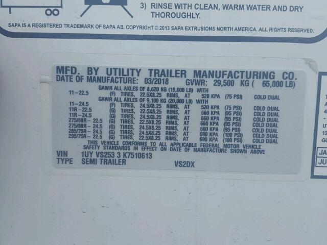 1UYVS2533K7510613 - 2019 UTILITY TRAILER WHITE photo 10