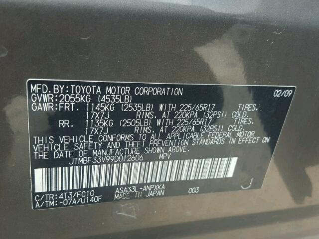 JTMBF33V99D012606 - 2009 TOYOTA RAV4 GRAY photo 10