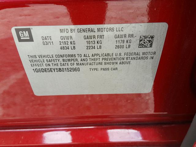 1G6DE5EY5B0152960 - 2011 CADILLAC CTS LUXURY RED photo 10