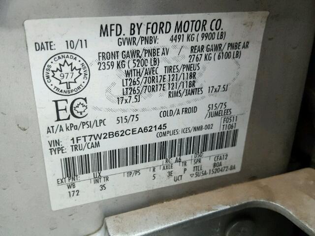 1FT7W2B62CEA62145 - 2012 FORD F250 SUPER SILVER photo 10