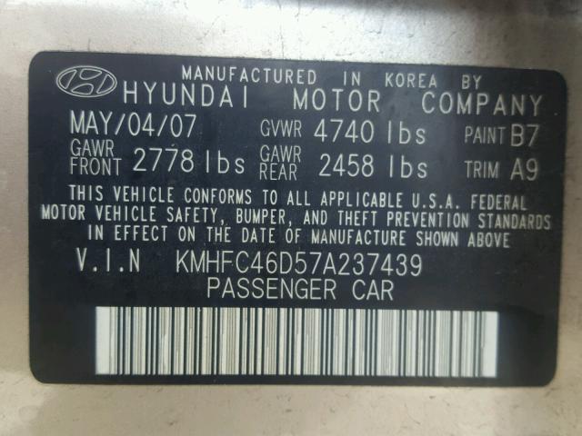 KMHFC46D57A237439 - 2007 HYUNDAI AZERA GLS GOLD photo 10