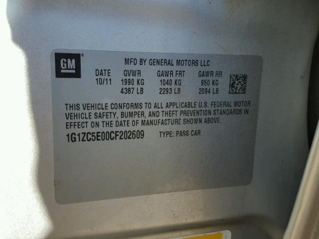 1G1ZC5E00CF202609 - 2012 CHEVROLET MALIBU 1LT ვერცხლისფერი ფოტო 10