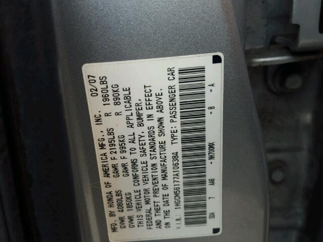 1HGCM56177A106384 - 2007 HONDA ACCORD VAL GRAY photo 10