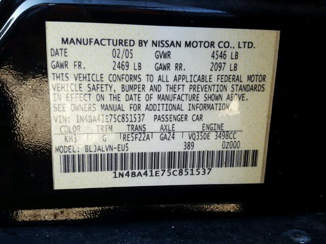 1N4BA41E75C851537 - 2005 NISSAN MAXIMA SE BLACK photo 10