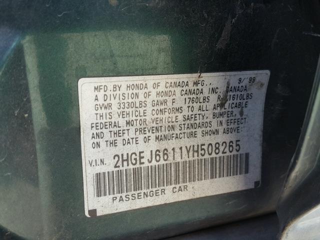 2HGEJ6611YH508265 - 2000 HONDA CIVIC BASE GREEN photo 10