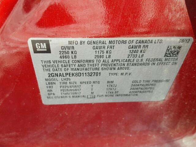 2GNALPEK8D1132701 - 2013 CHEVROLET EQUINOX LT RED photo 10