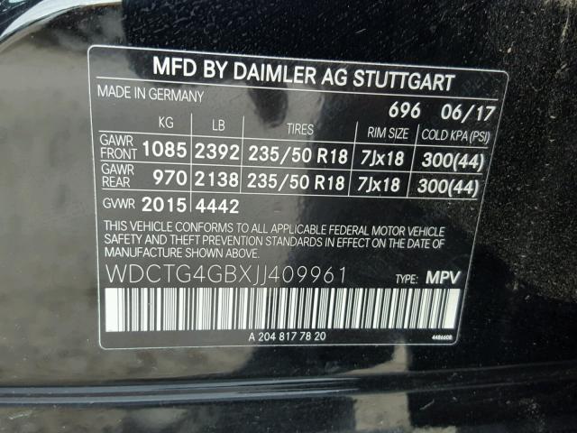 WDCTG4GBXJJ409961 - 2018 MERCEDES-BENZ GLA 250 4M BLACK photo 10