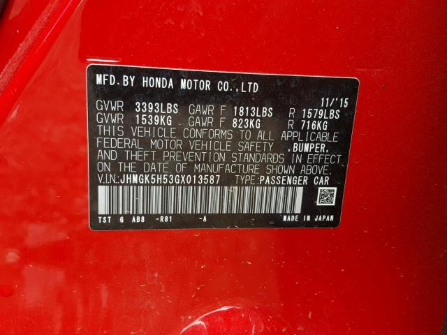 JHMGK5H53GX013587 - 2016 HONDA FIT LX RED photo 10