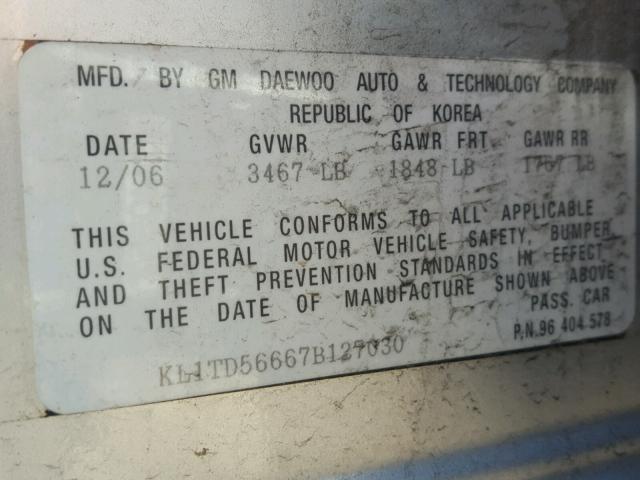 KL1TD56667B127030 - 2007 CHEVROLET AVEO BASE Argent photo 10