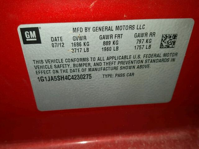 1G1JA5SH4C4230275 - 2012 CHEVROLET SONIC LS 栗色 照片 10