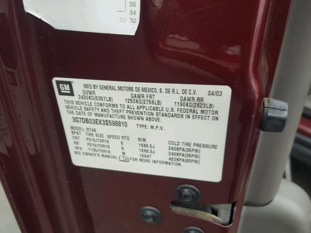 3G7DB03EX3S598810 - 2003 PONTIAC AZTEK BURGUNDY photo 10