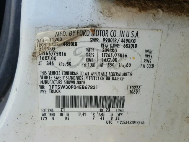 1FTSW30P04EB67831 - 2004 FORD F350 SRW S WHITE photo 10