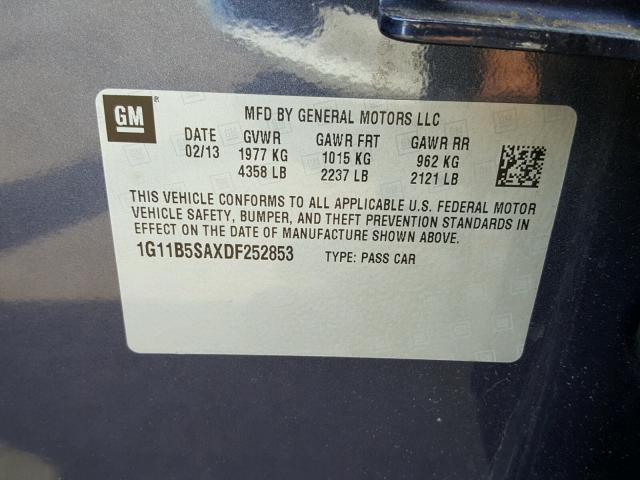 1G11B5SAXDF252853 - 2013 CHEVROLET MALIBU LS ნაცრისფერი ფოტო 10