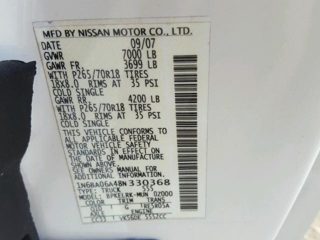 1N6BA06A48N330368 - 2008 NISSAN TITAN XE WHITE photo 10