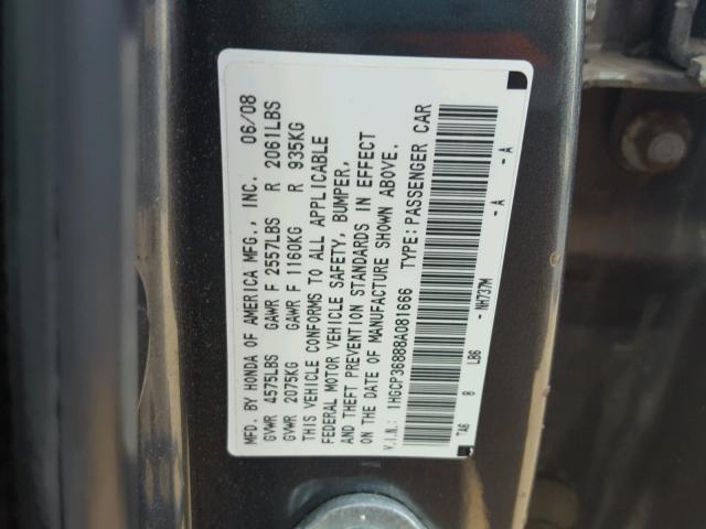 1HGCP36888A081666 - 2008 HONDA ACCORD EXL CHARCOAL photo 10