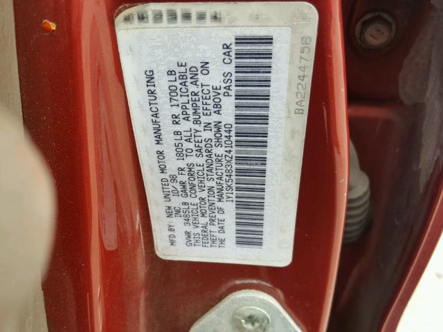 1Y1SK5483XZ410440 - 1999 CHEVROLET GEO PRIZM 勃艮第红 照片 10