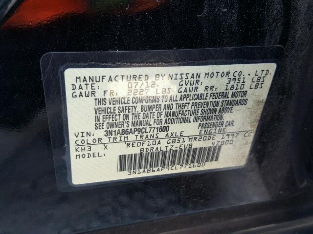 3N1AB6AP9CL771600 - 2012 NISSAN SENTRA BLACK photo 10