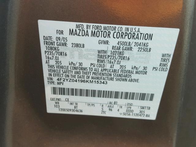 4F2YZ04196KM15343 - 2006 MAZDA TRIBUTE S GRAY photo 10