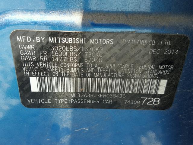 ML32A3HJ3FH038436 - 2015 MITSUBISHI MIRAGE DE BLUE photo 10
