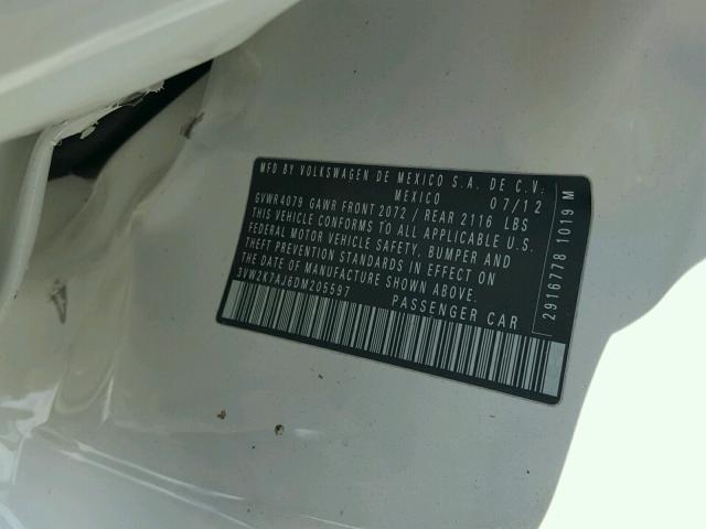 3VW2K7AJ6DM205597 - 2013 VOLKSWAGEN JETTA BASE 白色 照片 10