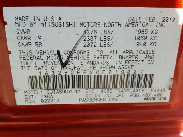 4A32B2FFXCE019007 - 2012 MITSUBISHI GALANT FE RED photo 10