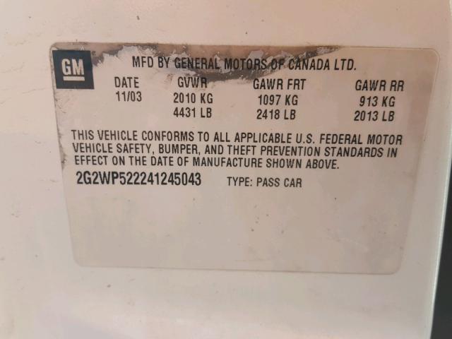 2G2WP522241245043 - 2004 PONTIAC GRAND PRIX Ақ фото 10